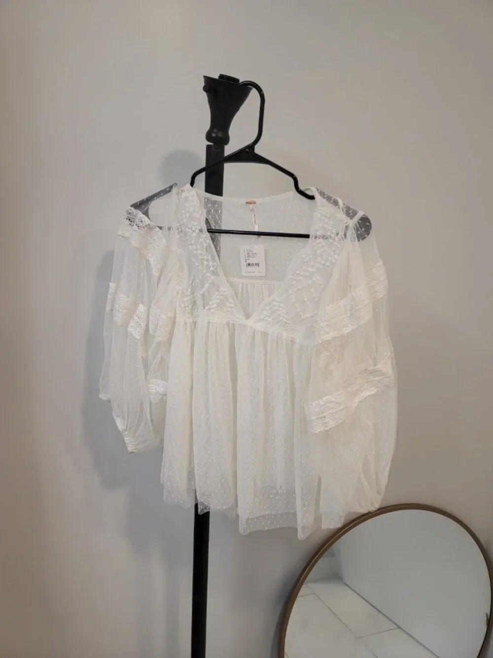 Free People Boho Floral Lace True Candy Top Size S White Mesh Sheer Festival NWT